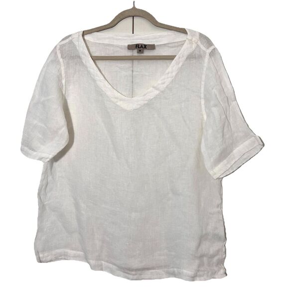 Flax Linen Top Size M White Short Sleeve V Neck Minimal Beach Coastal Lagenlook - Picture 1 of 6